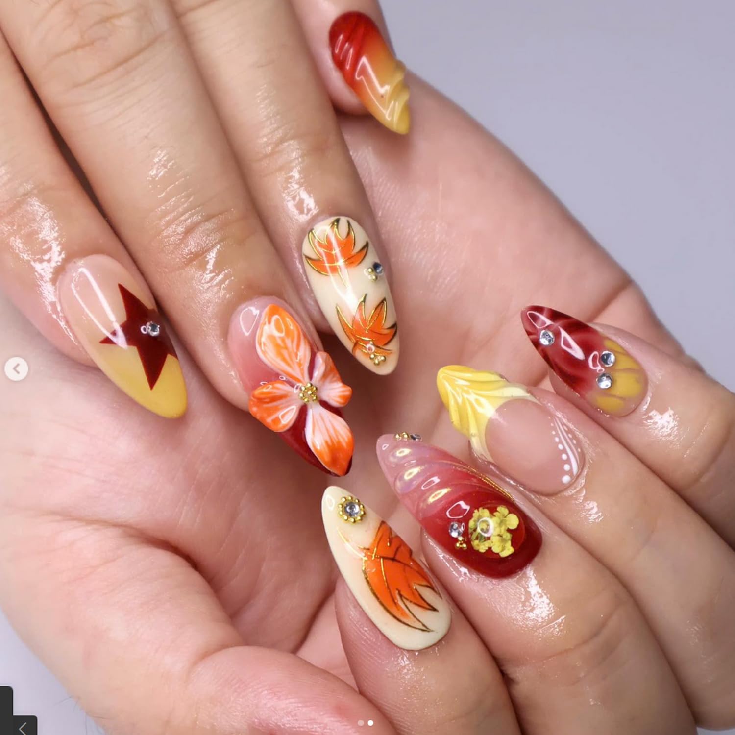 OCOUYVD Handmade Press On Nails – Fall Floral Yellow Gradient, Almond Shape, Medium (Size M)