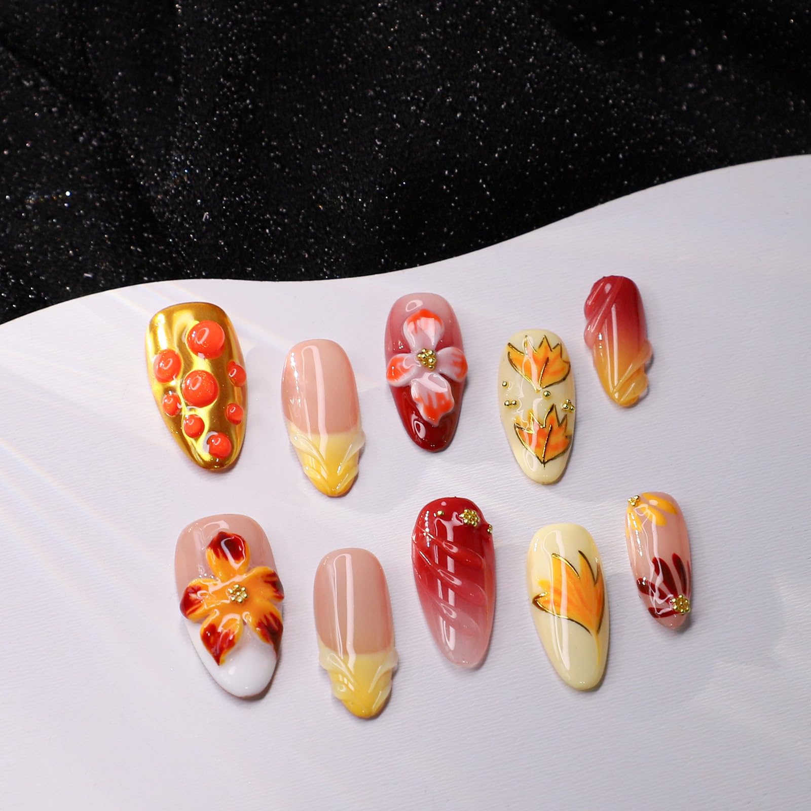 OCOUYVD Handmade Press On Nails – Fall Floral Yellow Gradient, Almond Shape, Medium (Size M)