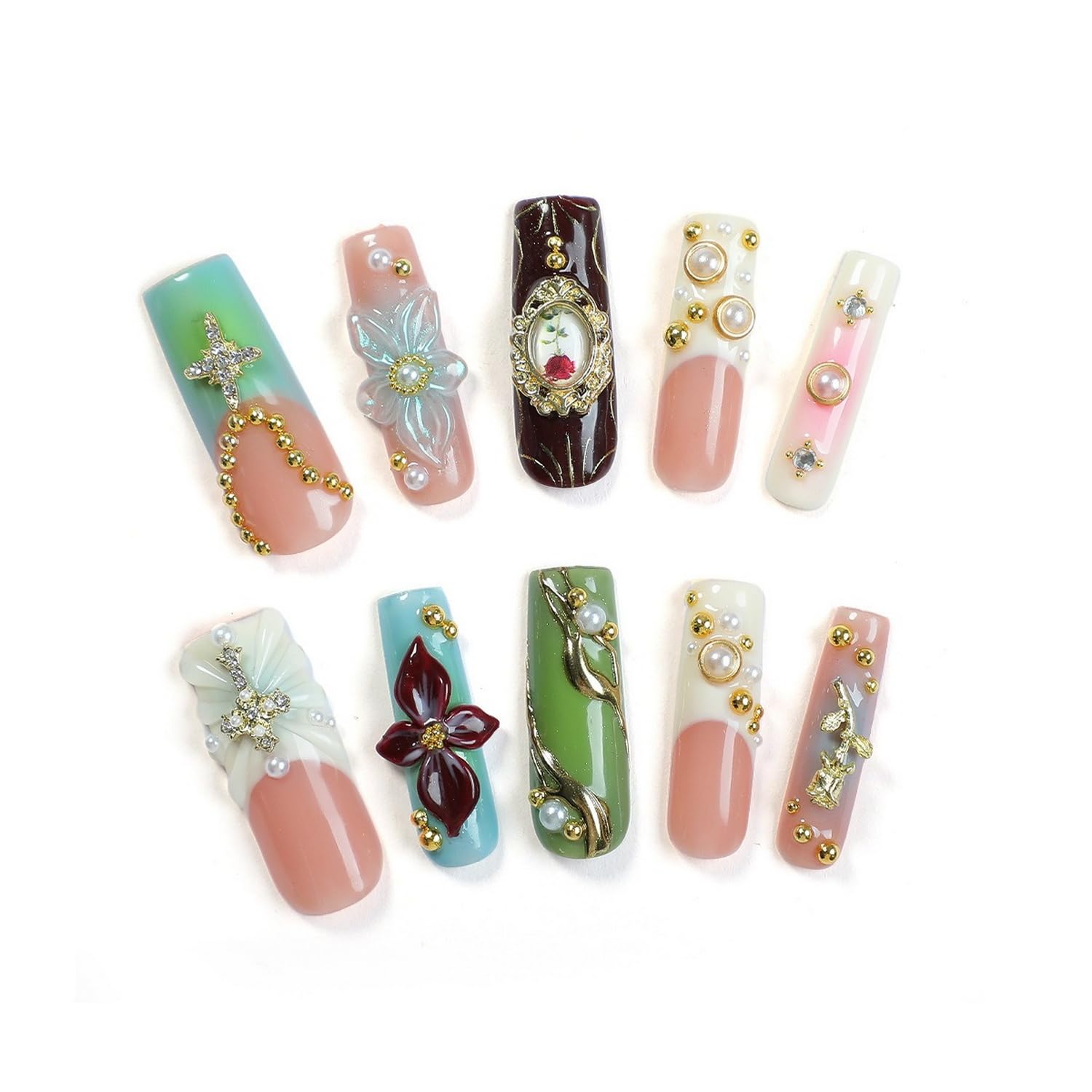 OCOUYVD Handmade Press On Nails – Long Square with Pearl Rhinestones & 3D Flower Art (Size M)