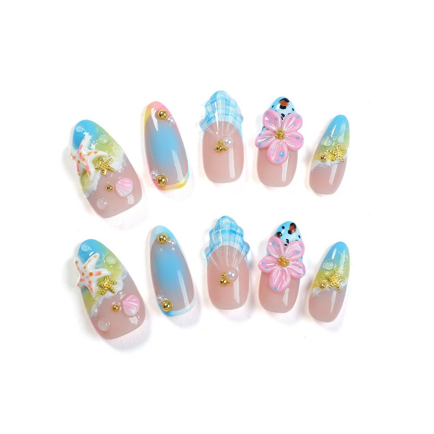 OCOUYVD Handmade Press On Nails – Summer Beach 3D Seashell & Starfish Design (Size M)