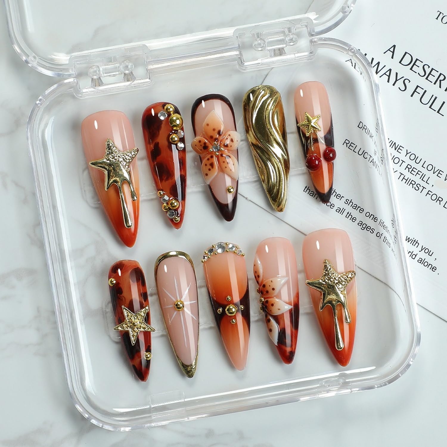 OCOUYVD Handmade Press-On Nails – Thickened Salon-Quality Long Almond Nails with 3D Flowers, Stars, Cherry Rhinestones (Size S)
