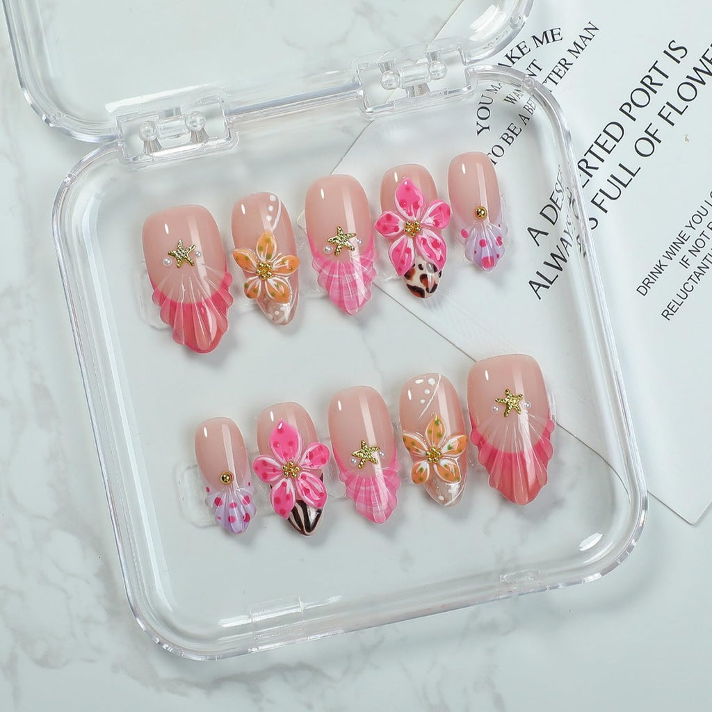 OCOUYVD Handmade Press-On Nails – French Tip Almond, 3D Flower & Starfish (Size M)