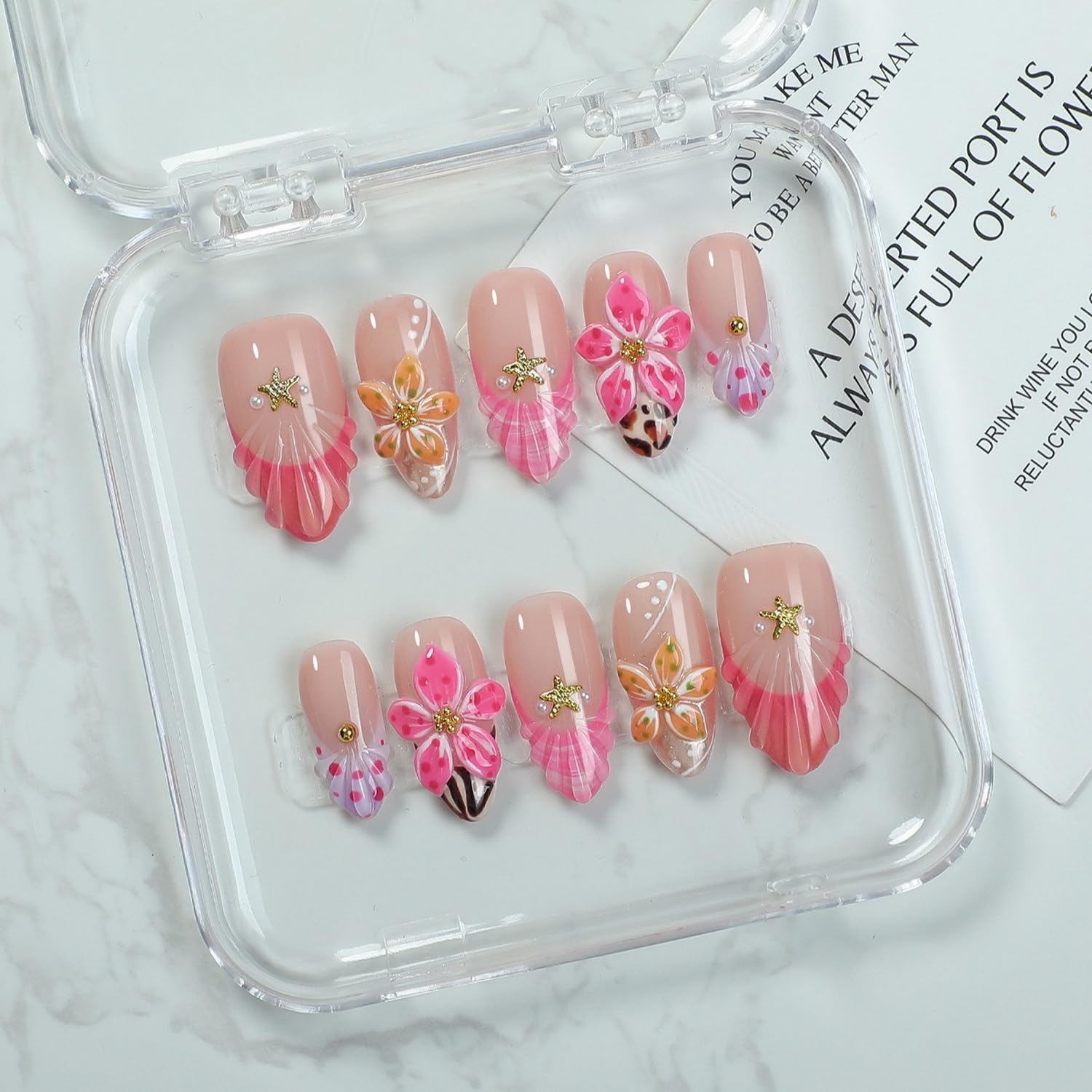OCOUYVD Handmade Press-On Nails – French Tip Almond, 3D Flower & Starfish (Size M)