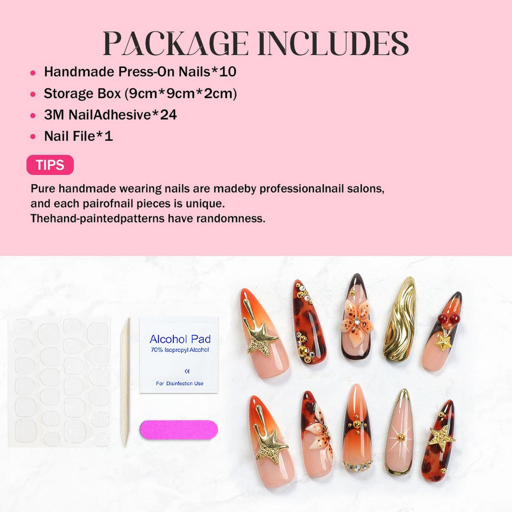 OCOUYVD Handmade Press-On Nails – Thickened Salon-Quality Long Almond Nails with 3D Flowers, Stars, Cherry Rhinestones (Size S)