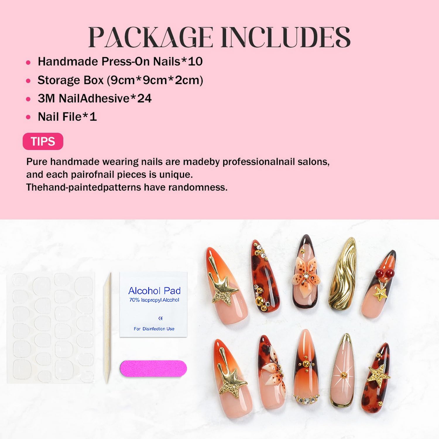 OCOUYVD Handmade Press-On Nails – Thickened Salon-Quality Long Almond Nails with 3D Flowers, Stars, Cherry Rhinestones (Size S)