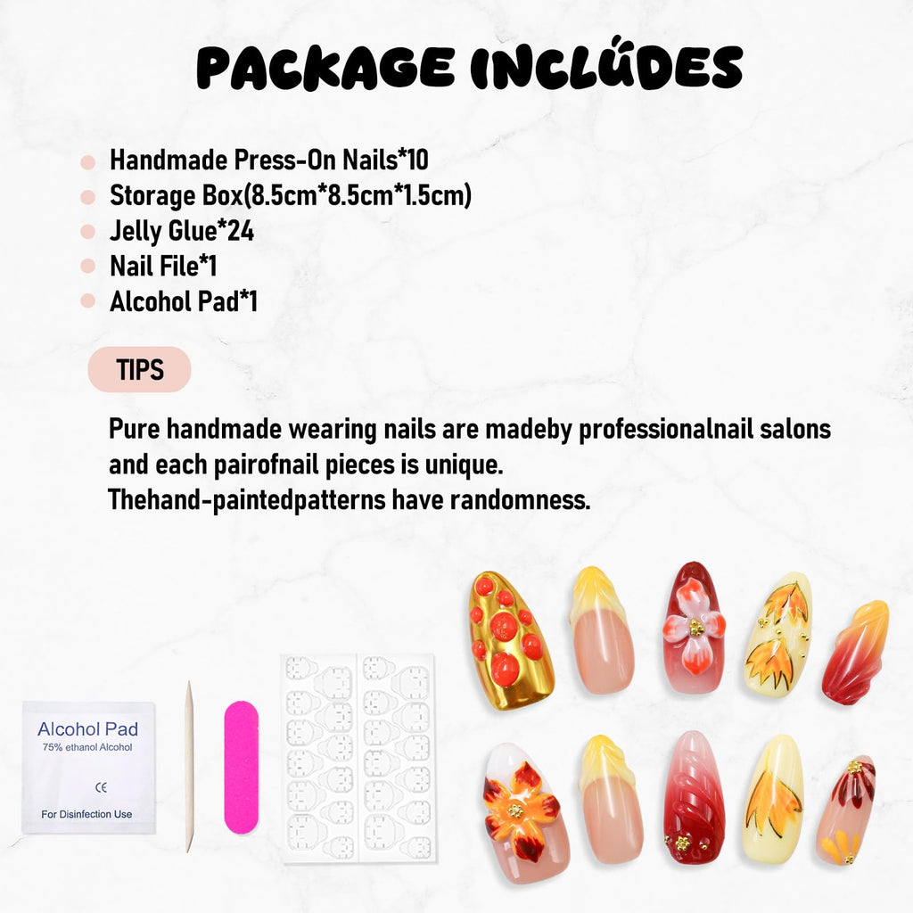 OCOUYVD Handmade Press On Nails – Fall Floral Yellow Gradient, Almond Shape, Medium (Size M)