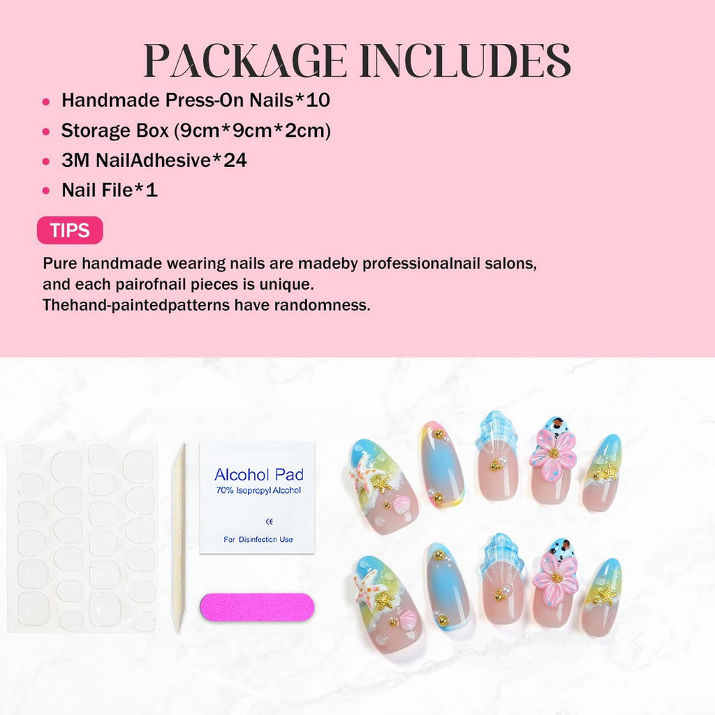 OCOUYVD Handmade Press On Nails – Summer Beach 3D Seashell & Starfish Design (Size M)