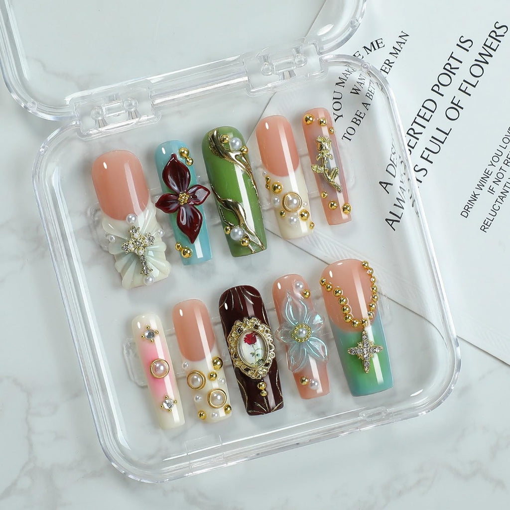 OCOUYVD Handmade Press On Nails – Long Square with Pearl Rhinestones & 3D Flower Art (Size M)