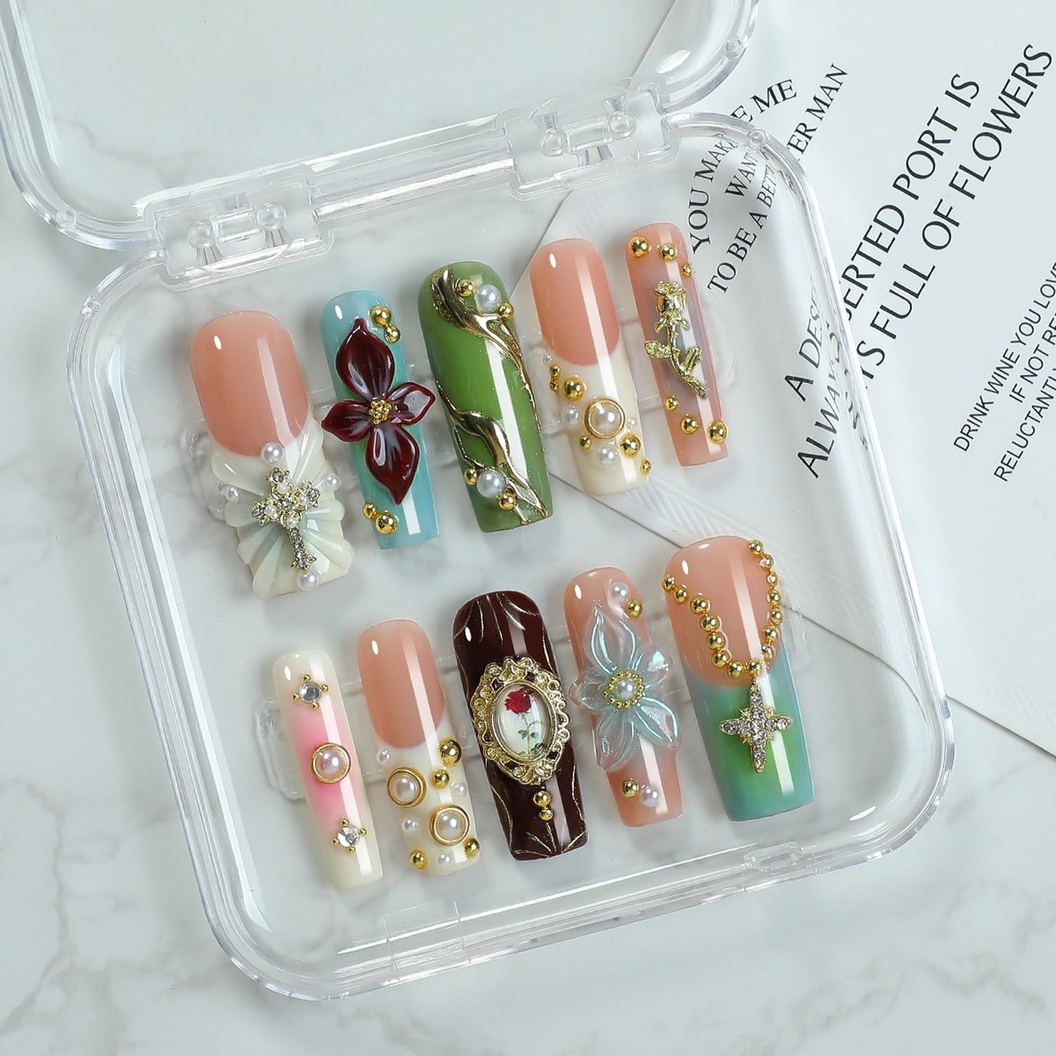 OCOUYVD Handmade Press On Nails – Long Square with Pearl Rhinestones & 3D Flower Art (Size M)