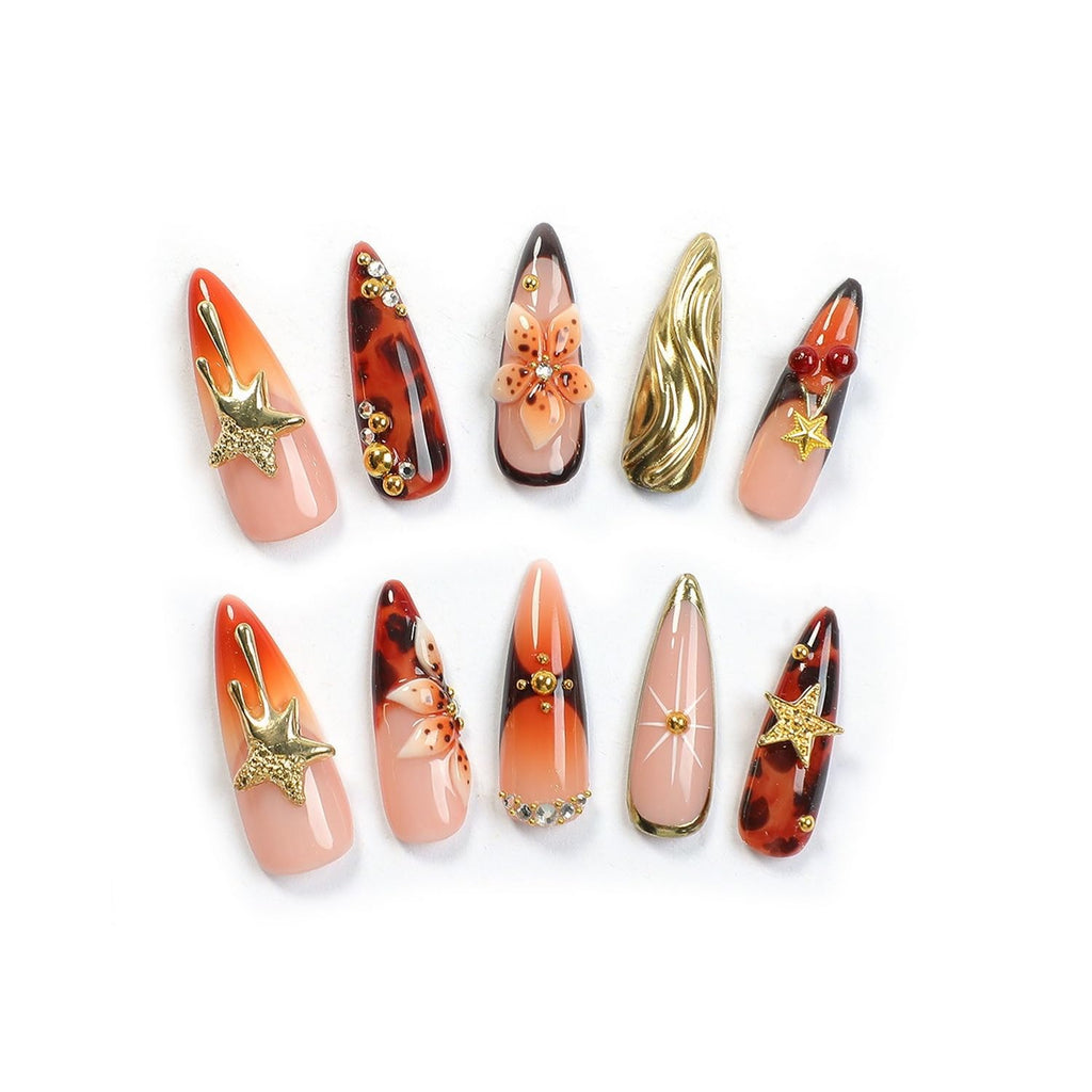 OCOUYVD Handmade Press-On Nails – Thickened Salon-Quality Long Almond Nails with 3D Flowers, Stars, Cherry Rhinestones (Size S)