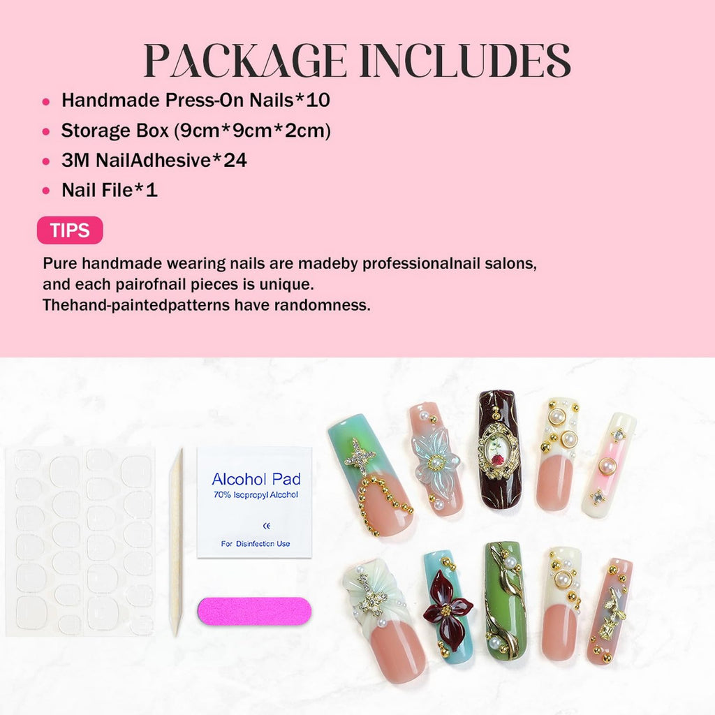 OCOUYVD Handmade Press On Nails – Long Square with Pearl Rhinestones & 3D Flower Art (Size M)