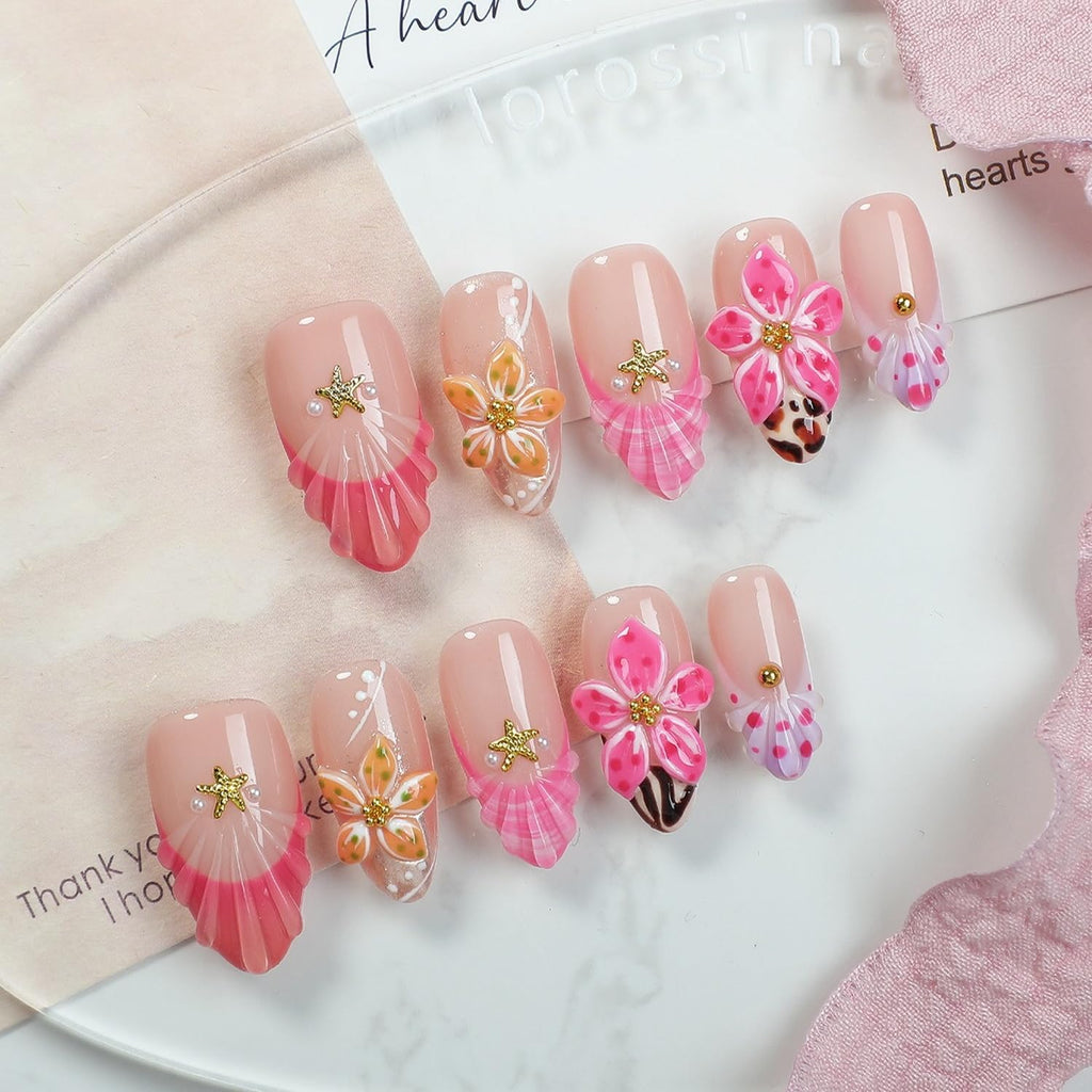 OCOUYVD Handmade Press-On Nails – French Tip Almond, 3D Flower & Starfish (Size M)