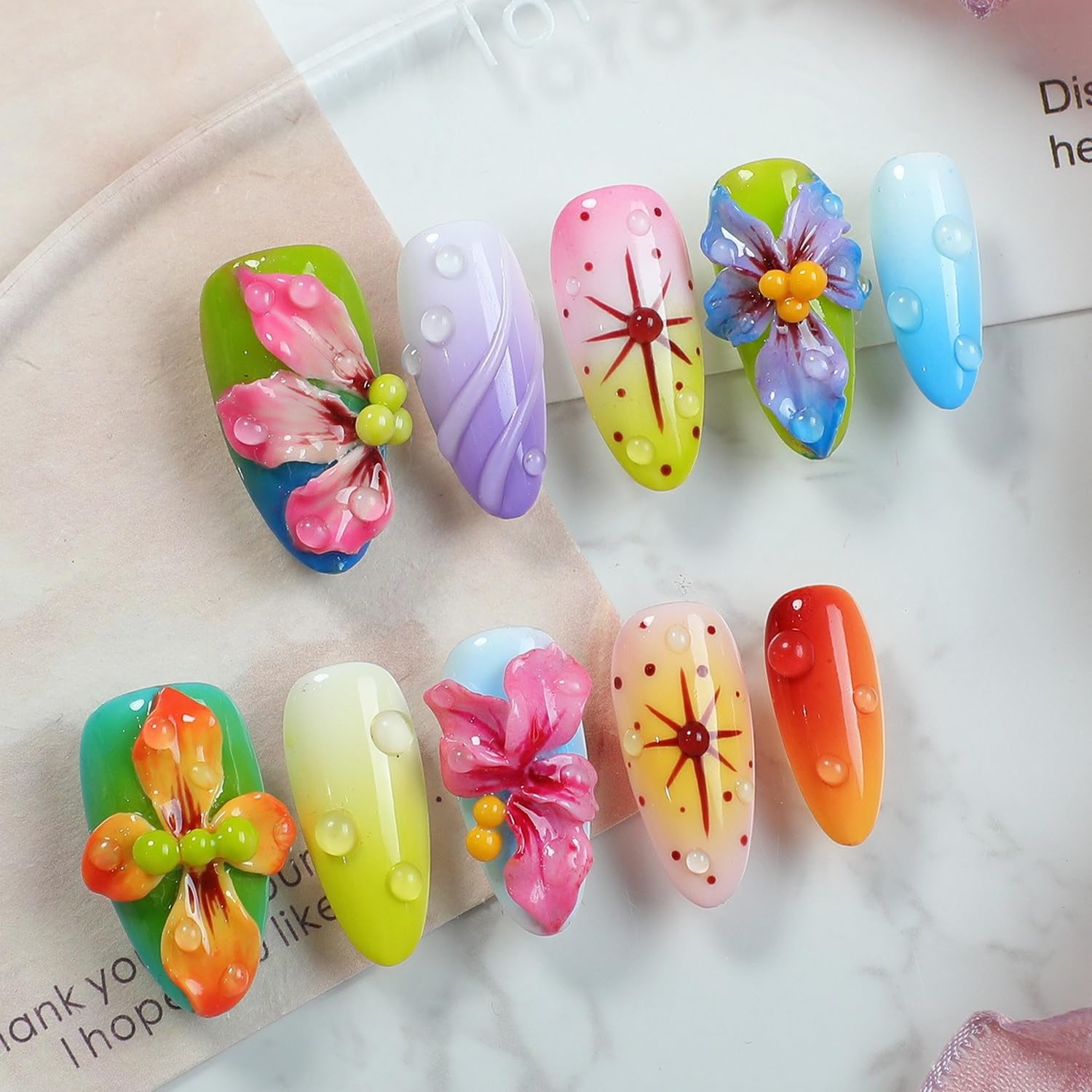 OCOUYVD Handmade Press On Nails Medium Almond – 3D Flower Design, Thick Acrylic & Gel