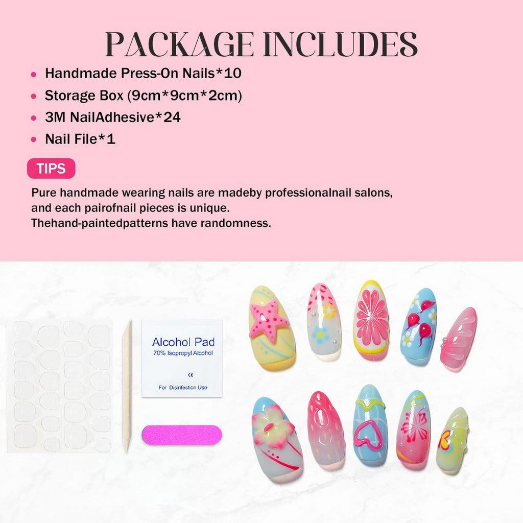 OCOUYVD Handmade Press On Nails Medium Almond – 3D Flower Design, Thick Acrylic & Gel