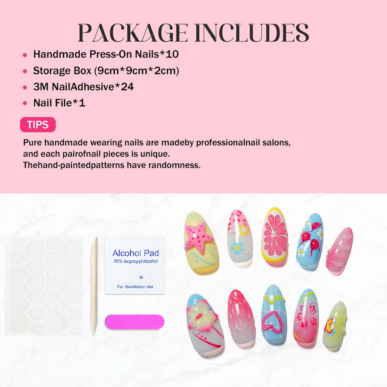 OCOUYVD Handmade Press On Nails Medium Almond – 3D Flower Design, Thick Acrylic & Gel