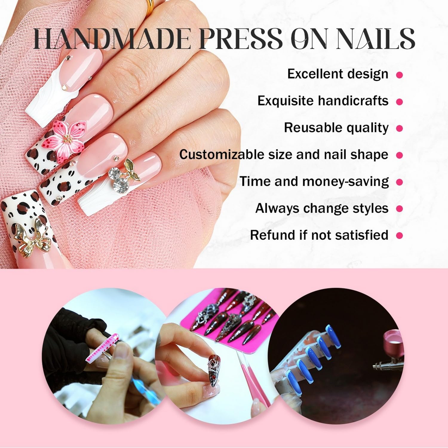 OCOUYVD Handmade Press On Nails Medium Almond – 3D Flower Design, Thick Acrylic & Gel