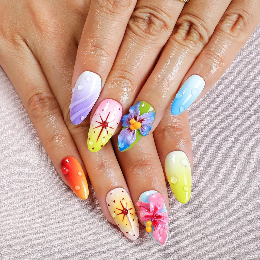 OCOUYVD Handmade Press On Nails Medium Almond – 3D Flower Design, Thick Acrylic & Gel