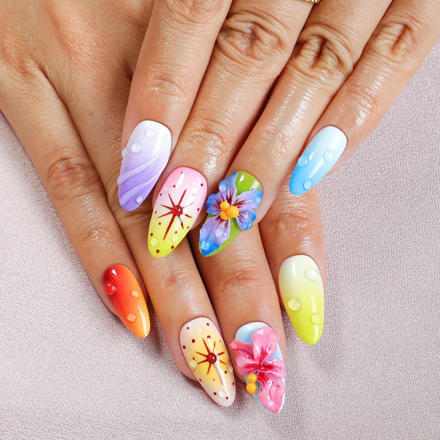 OCOUYVD Handmade Press On Nails Medium Almond – 3D Flower Design, Thick Acrylic & Gel