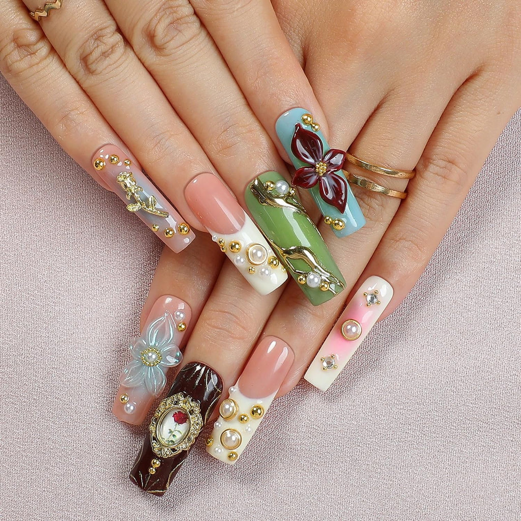 OCOUYVD Handmade Press On Nails – Long Square with Pearl Rhinestones & 3D Flower Art (Size M)