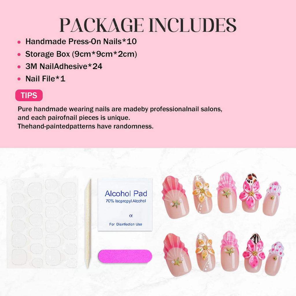 OCOUYVD Handmade Press-On Nails – French Tip Almond, 3D Flower & Starfish (Size M)