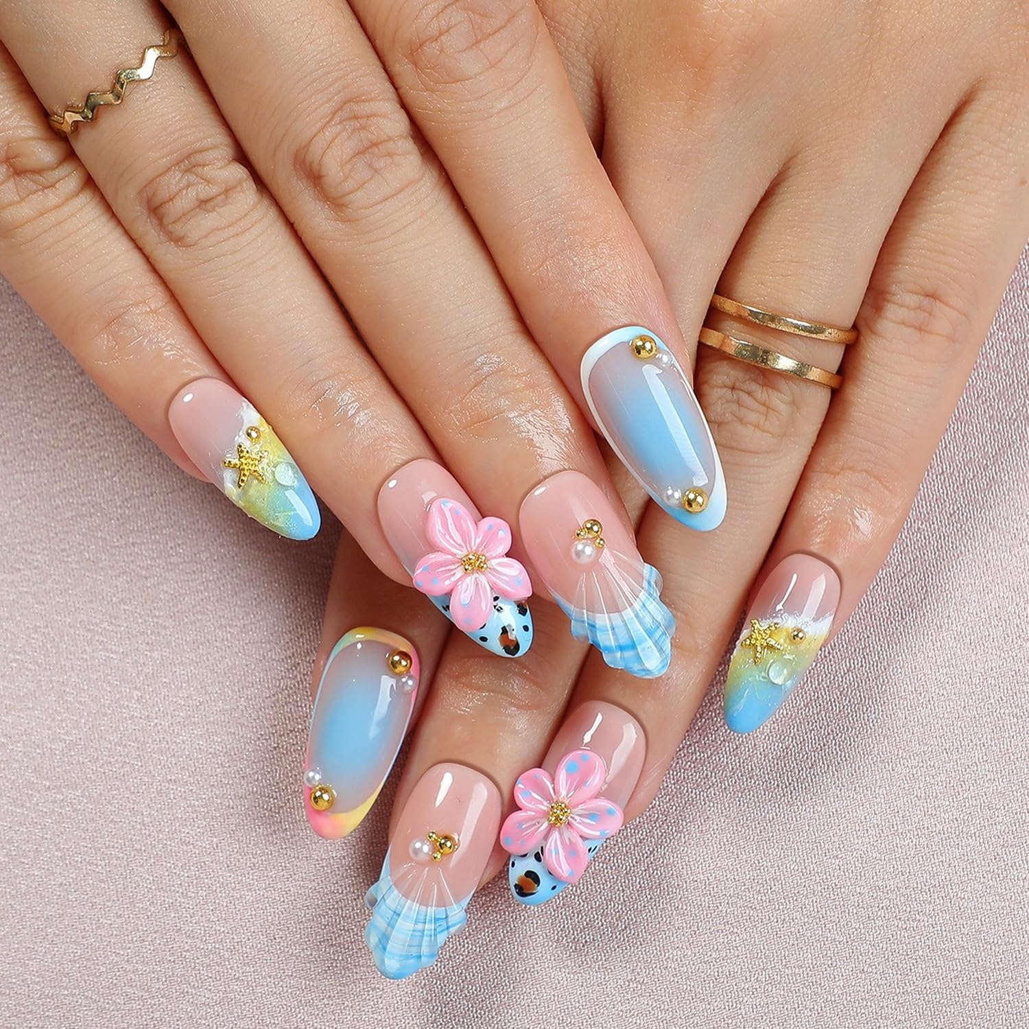OCOUYVD Handmade Press On Nails – Summer Beach 3D Seashell & Starfish Design (Size M)