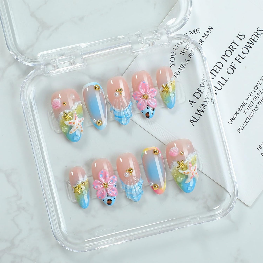 OCOUYVD Handmade Press On Nails – Summer Beach 3D Seashell & Starfish Design (Size M)