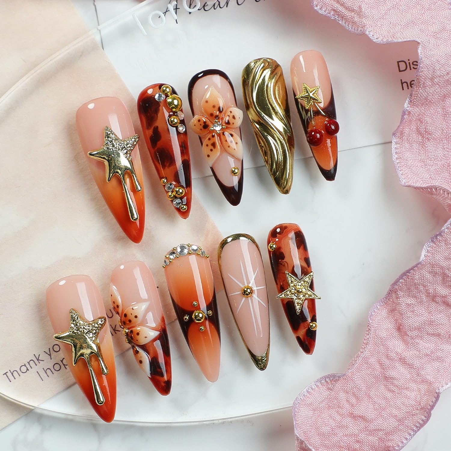 OCOUYVD Handmade Press-On Nails – Thickened Salon-Quality Long Almond Nails with 3D Flowers, Stars, Cherry Rhinestones (Size S)