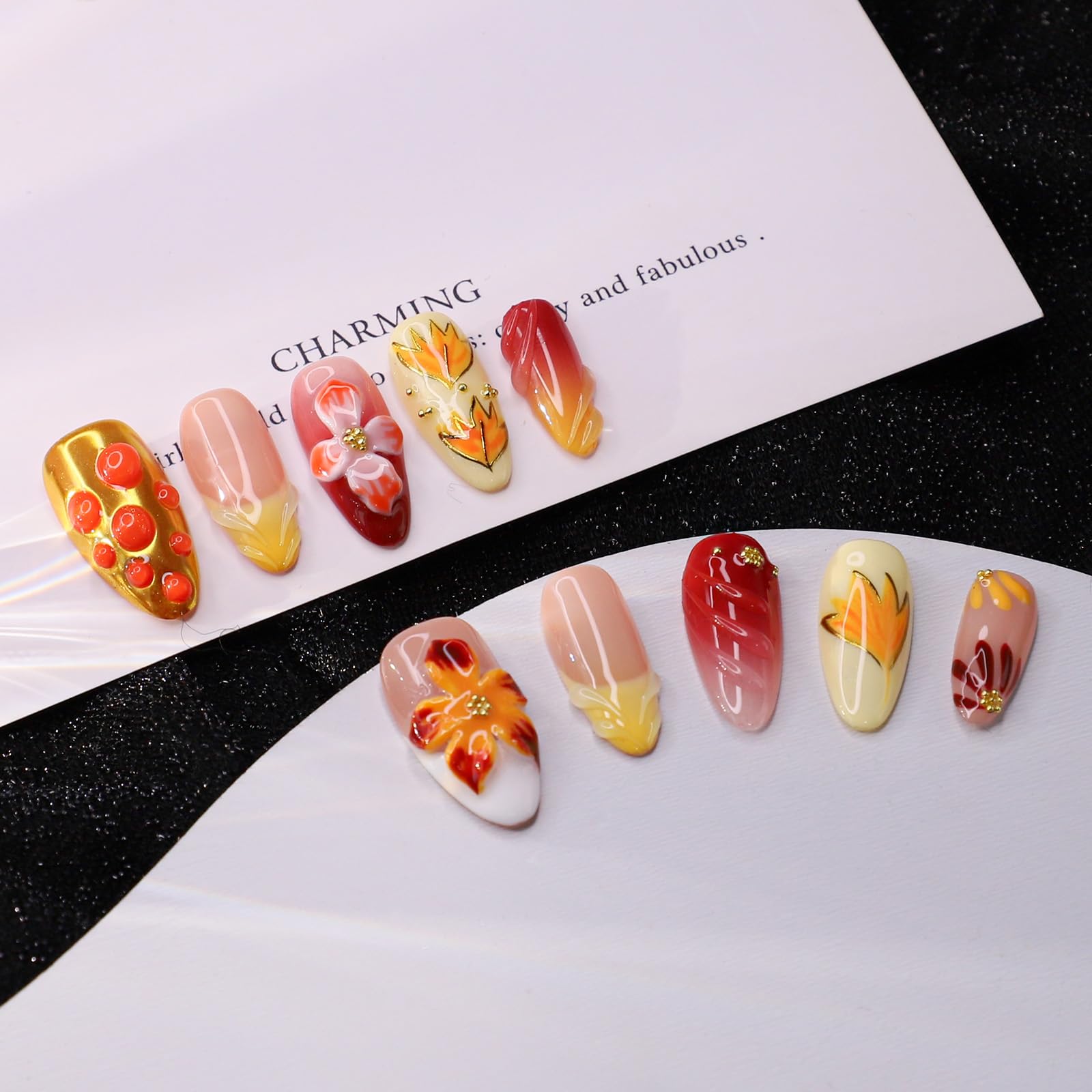 OCOUYVD Handmade Press On Nails – Fall Floral Yellow Gradient, Almond Shape, Medium (Size M)