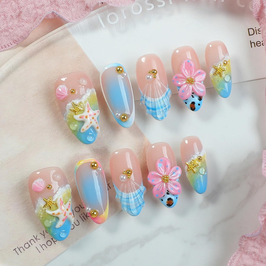 OCOUYVD Handmade Press On Nails – Summer Beach 3D Seashell & Starfish Design (Size M)