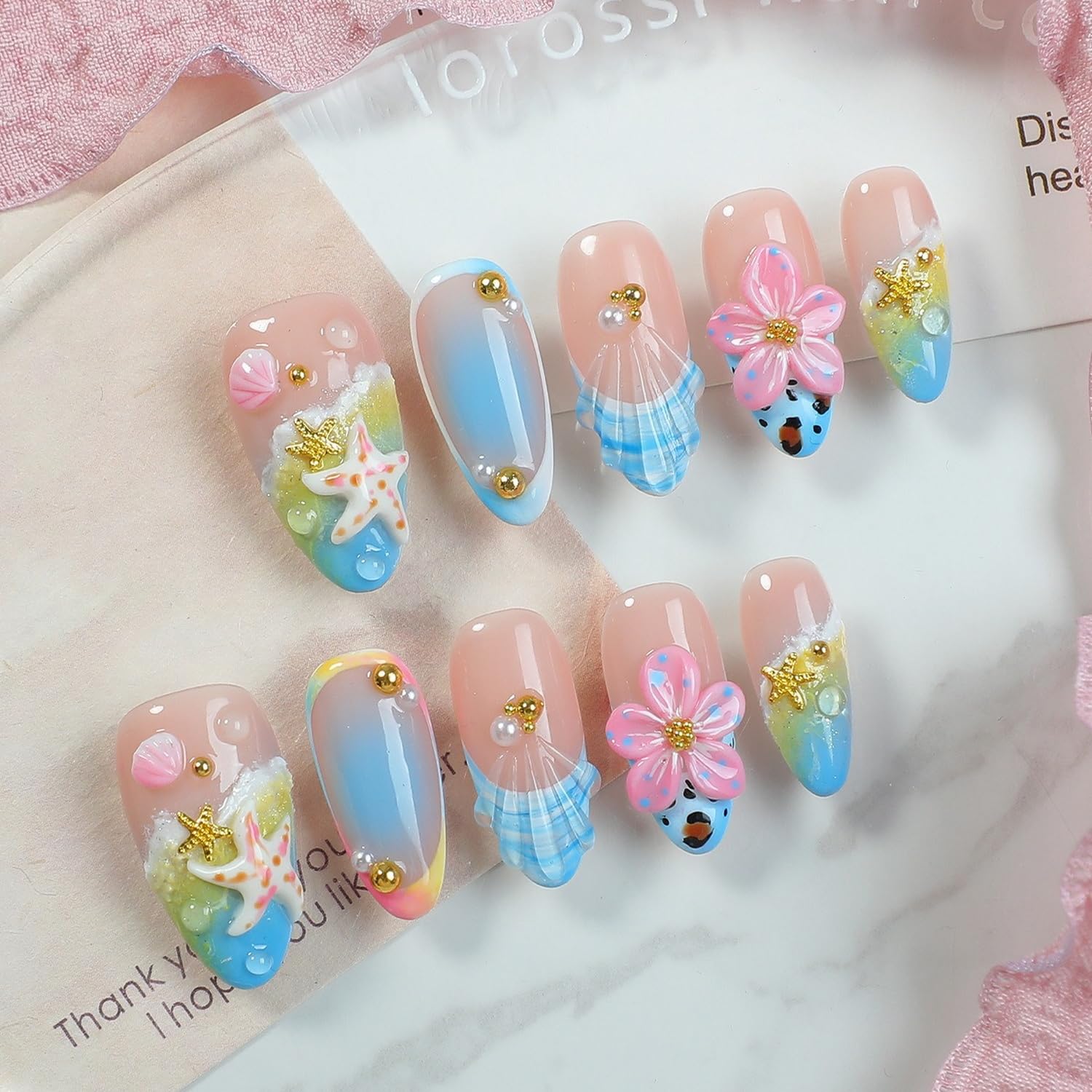 OCOUYVD Handmade Press On Nails – Summer Beach 3D Seashell & Starfish Design (Size M)
