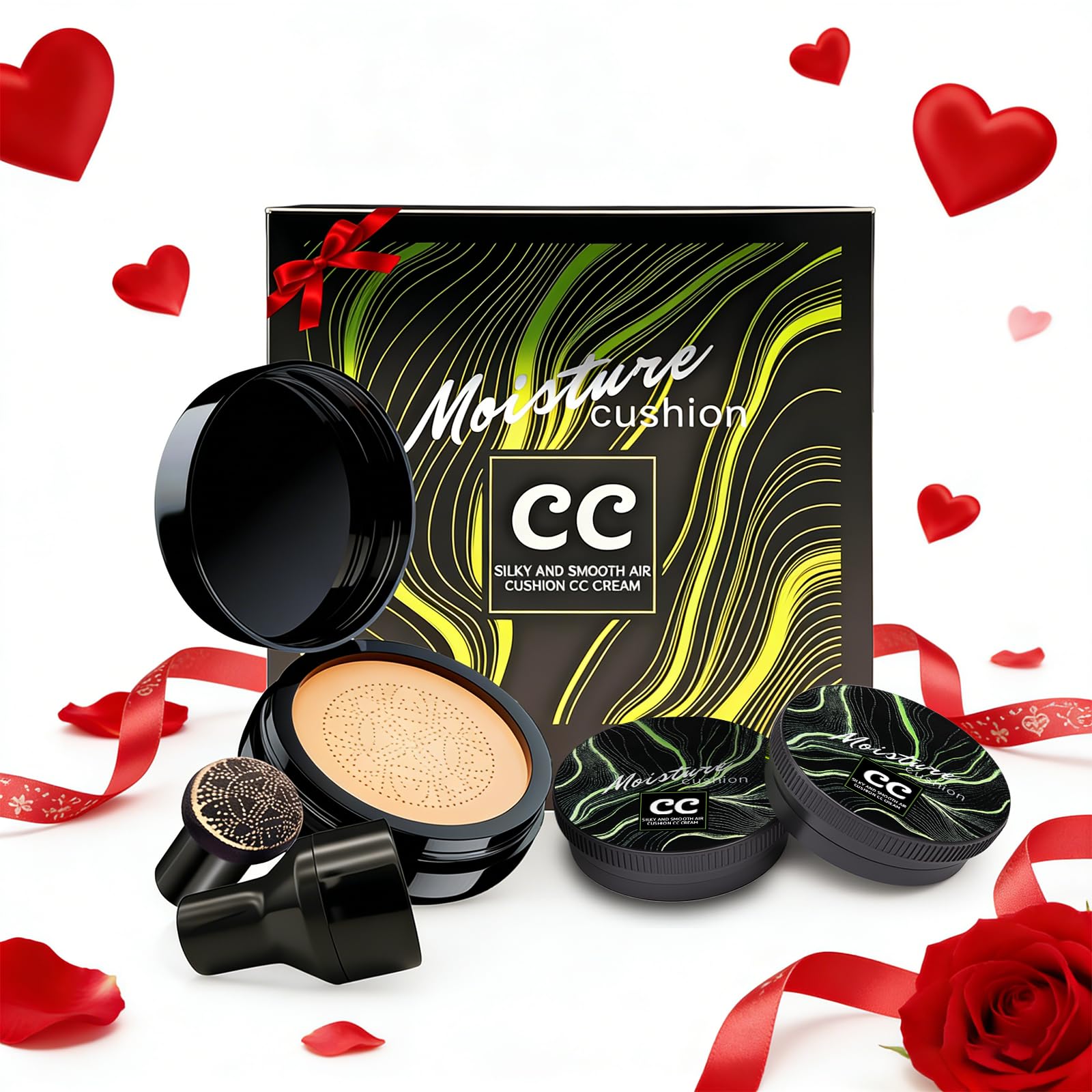 OETUIOW Mushroom Head Air Cushion CC Cream Gift Set – 1 Full-Size Foundation + 2 Refills & Puff (Natural)
