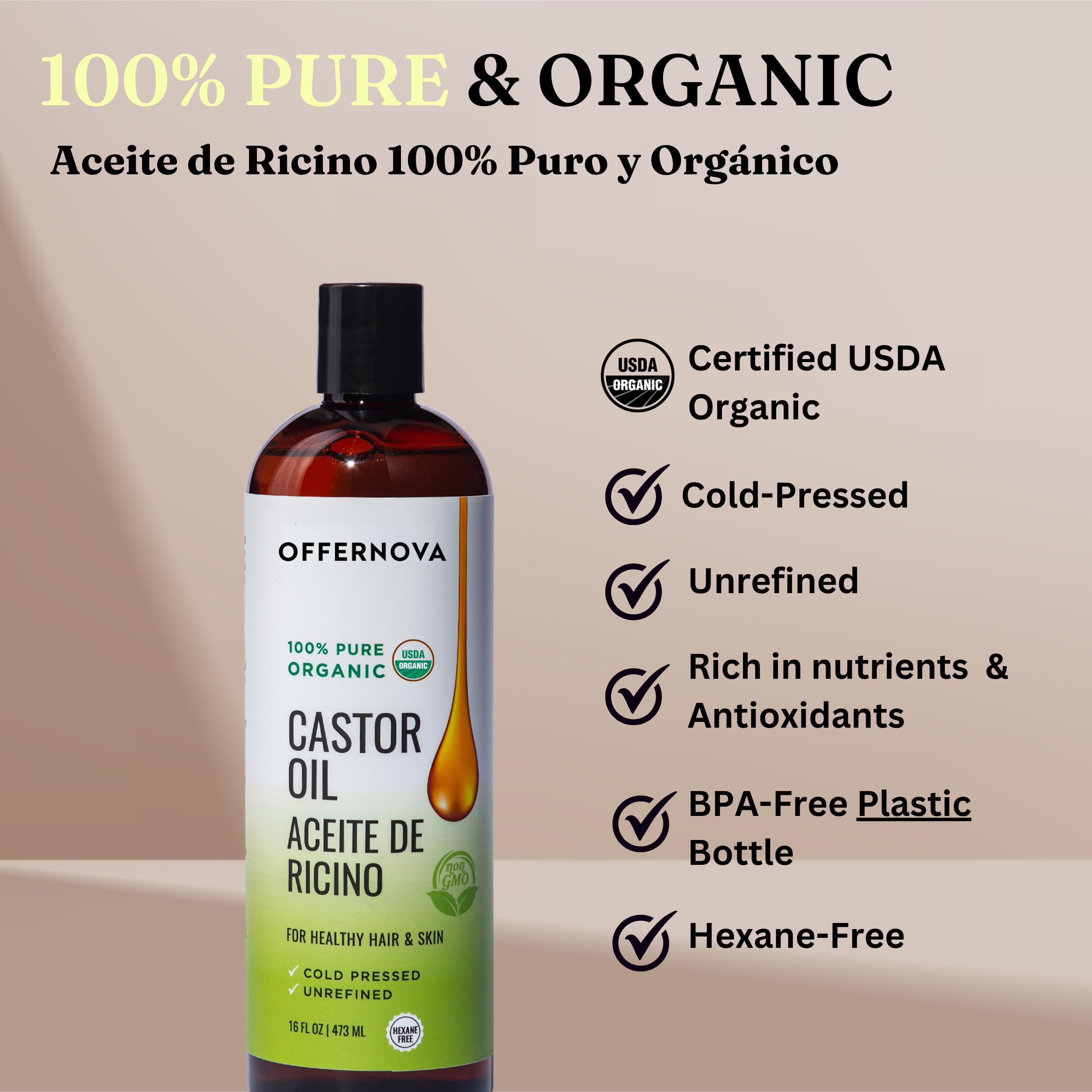 Offernova Castor Oil 16oz – Cold-Pressed, 100% Pure & Organic, Hexane-Free for Lashes, Brows, Hair & Beard