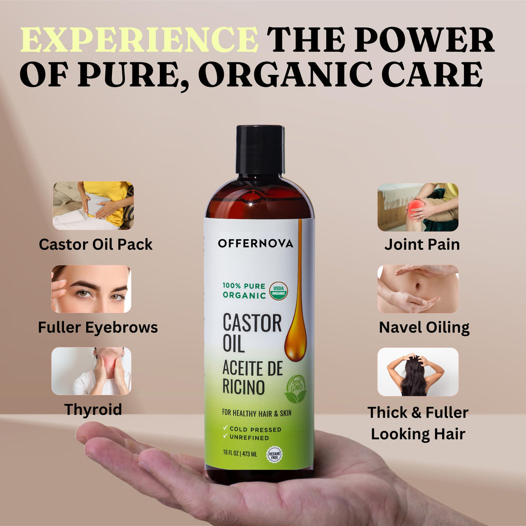 Offernova Castor Oil 16oz – Cold-Pressed, 100% Pure & Organic, Hexane-Free for Lashes, Brows, Hair & Beard
