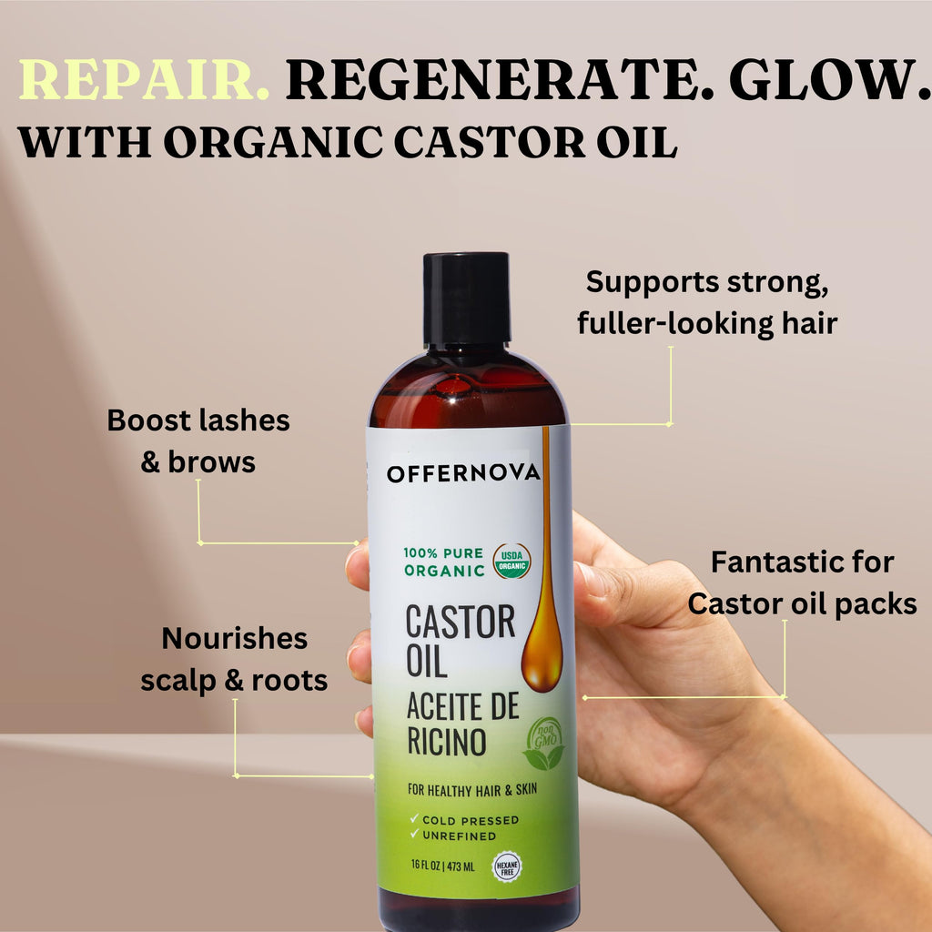 Offernova Castor Oil 16oz – Cold-Pressed, 100% Pure & Organic, Hexane-Free for Lashes, Brows, Hair & Beard