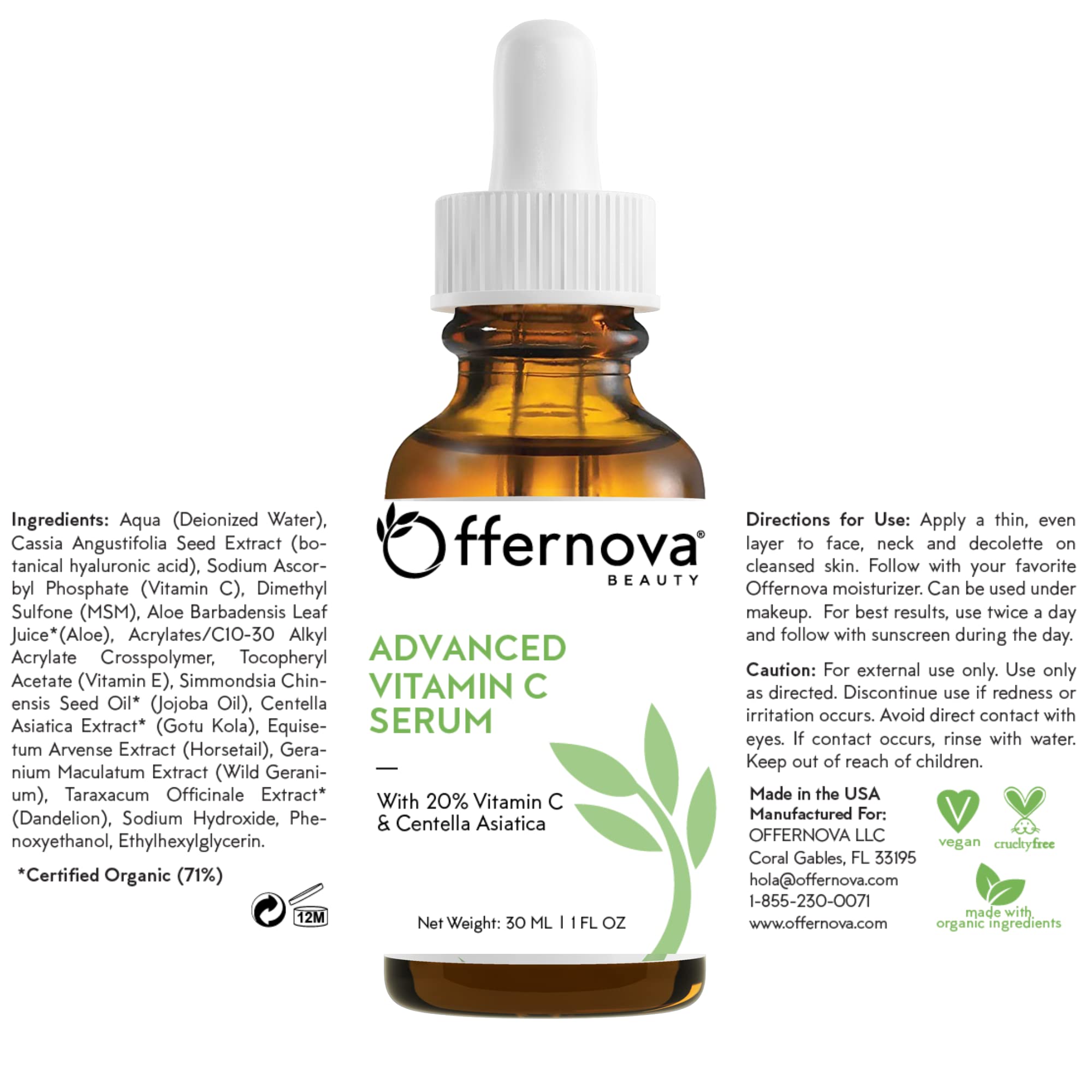 Offernova Organic Vitamin C Serum - 20% Vitamin C + Hyaluronic Acid | Anti Aging Serum for Face, Eyes & Neck | 1 oz