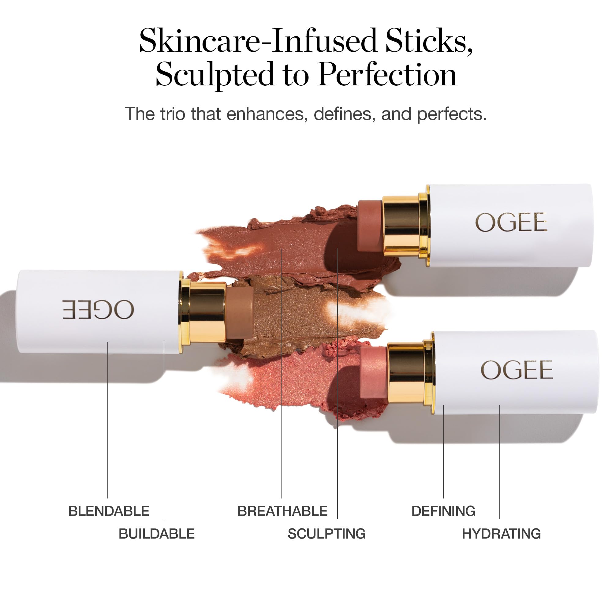 Ogee Face Stick Trio - Certified Organic Contour, Bronzer, Blush & Highlighter