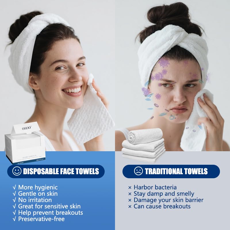 OHOO Disposable Face Towels – Thick 10x12 Makeup Remover Wipes, 100 Count