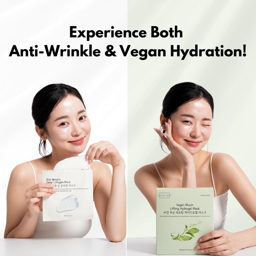 Oh My Pure Hydrogel Collagen Masks – 10-Piece Luxury Korean Skincare Set (5 Anti-Wrinkle + 5 Vegan Mucin)