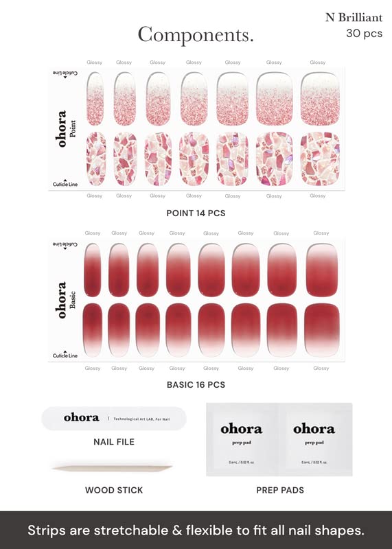 Ohora N Brilliant Semi Cured Gel Nail Strips – Red Pattern, Easy Application, 2-Week Wear