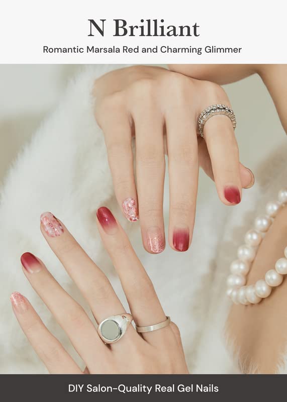 Ohora N Brilliant Semi Cured Gel Nail Strips – Red Pattern, Easy Application, 2-Week Wear