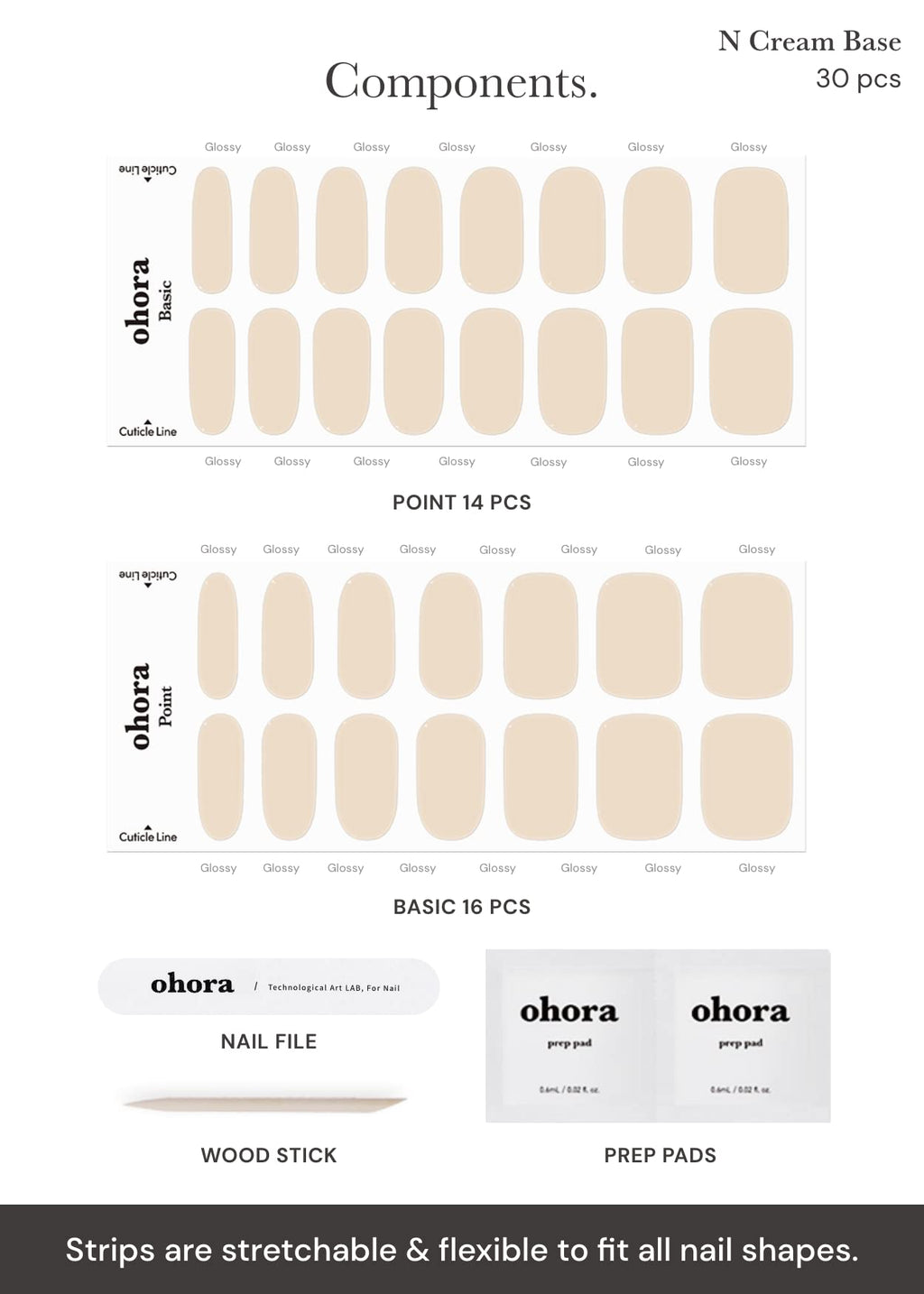 ohora Semi Cured Gel Nail Strips (N Cream Base) – Nude, Salon-Quality, Long Lasting & Easy to Apply (Includes 2 Prep Pads, Nail File & Wooden Stick)