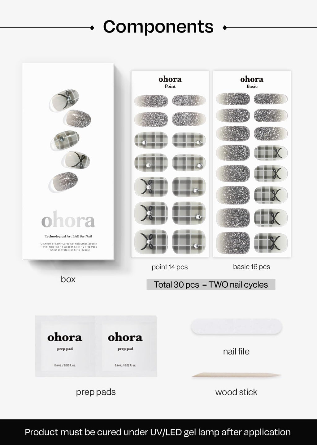 ohora Semi Cured Gel Nail Strips (N Check Noir) – Salon-Quality Nails at Home | Works with Any Lamp