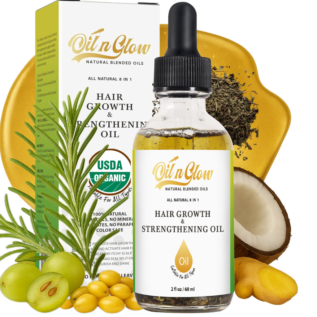 OilnGlow USDA Organic 9-in-1 Hair Growth Serum & Strengthening Oil – Rosemary, Castor, Jojoba, Ginger & Peppermint, 2 fl oz