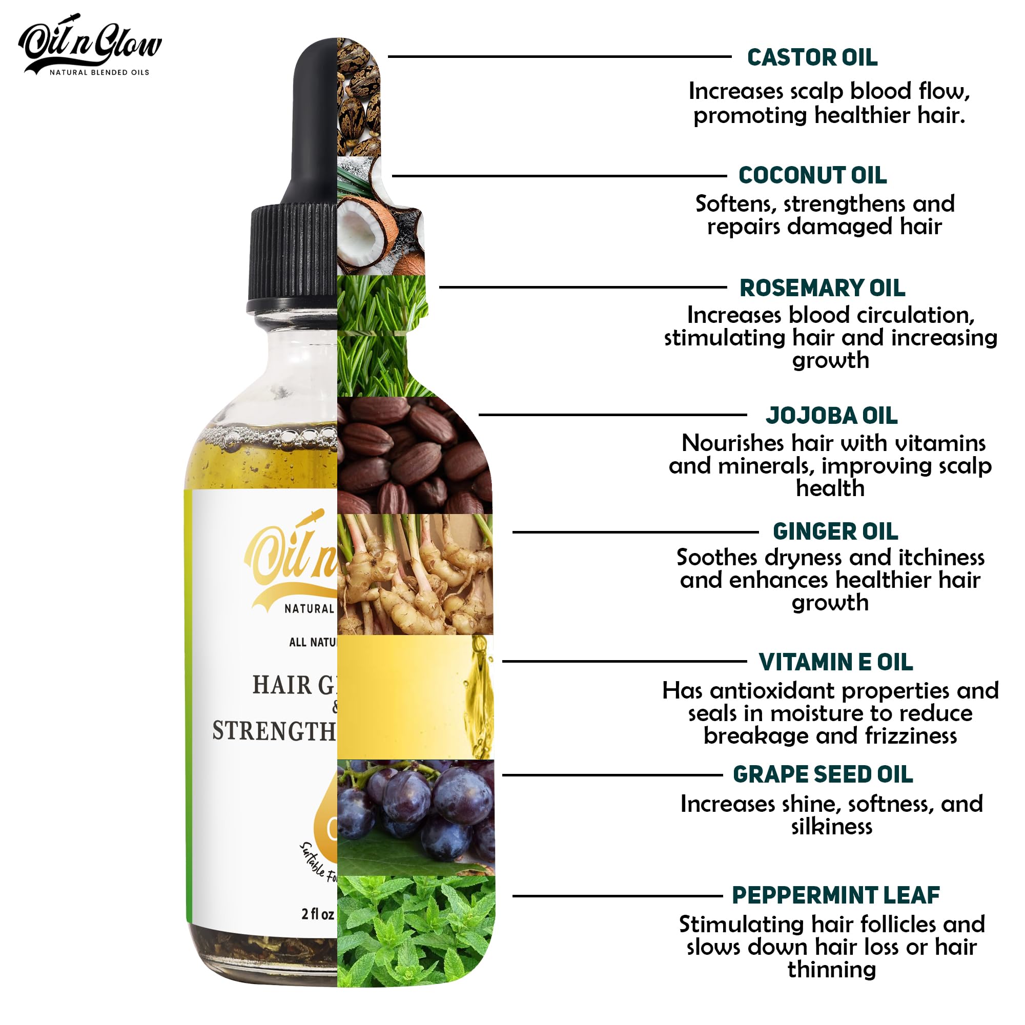 OilnGlow USDA Organic 9-in-1 Hair Growth Serum & Strengthening Oil – Rosemary, Castor, Jojoba, Ginger & Peppermint, 2 fl oz