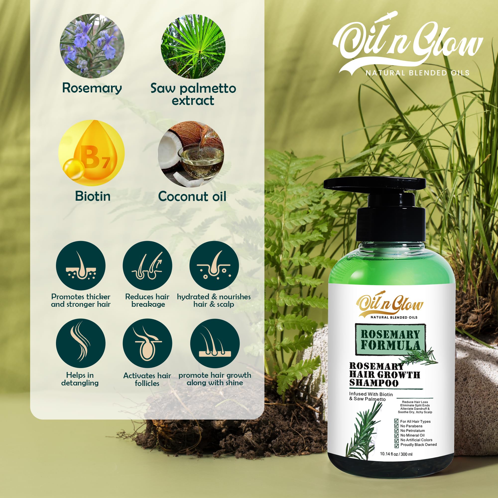 OilnGlow USDA Organic Rosemary Hair Growth Shampoo – Fragrance Free, Biotin & Saw Palmetto