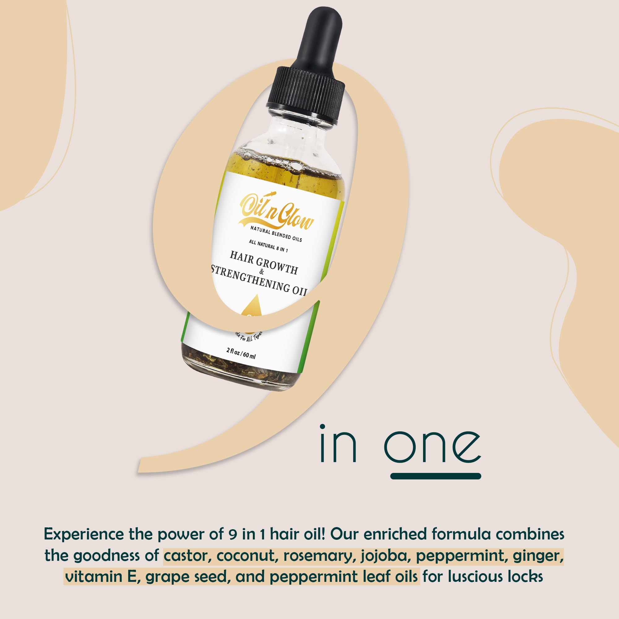 OilnGlow USDA Organic 9-in-1 Hair Growth Serum & Strengthening Oil – Rosemary, Castor, Jojoba, Ginger & Peppermint, 2 fl oz