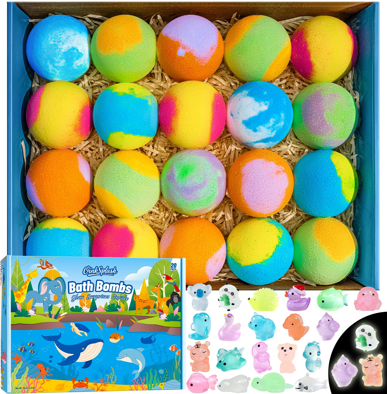 OinkSplash Kids Bath Bombs with Surprise Inside – 20 Pack Glow-in-the-Dark Toys