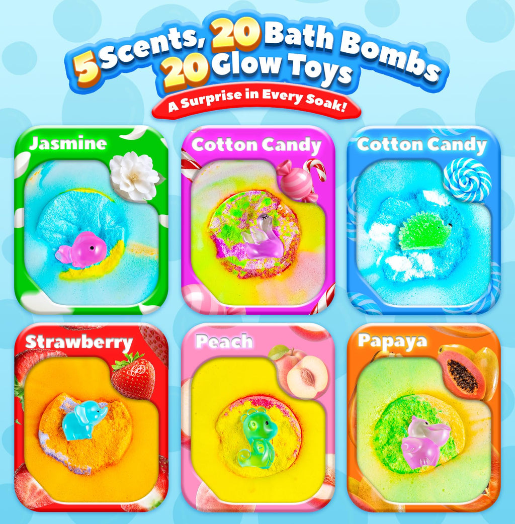 OinkSplash Kids Bath Bombs with Surprise Inside – 20 Pack Glow-in-the-Dark Toys