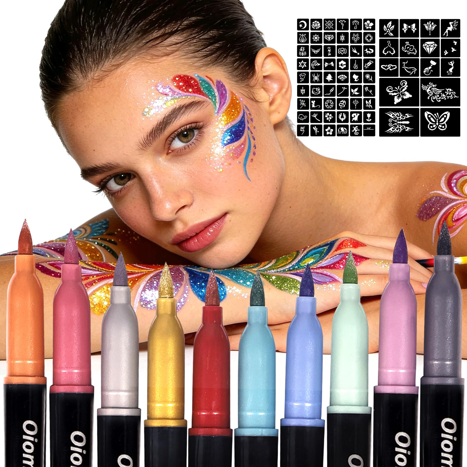 Oiomniv Temporary Tattoo Markers: Metallic Pens + 70 Stencils, Skin-Safe & Water-Resistant