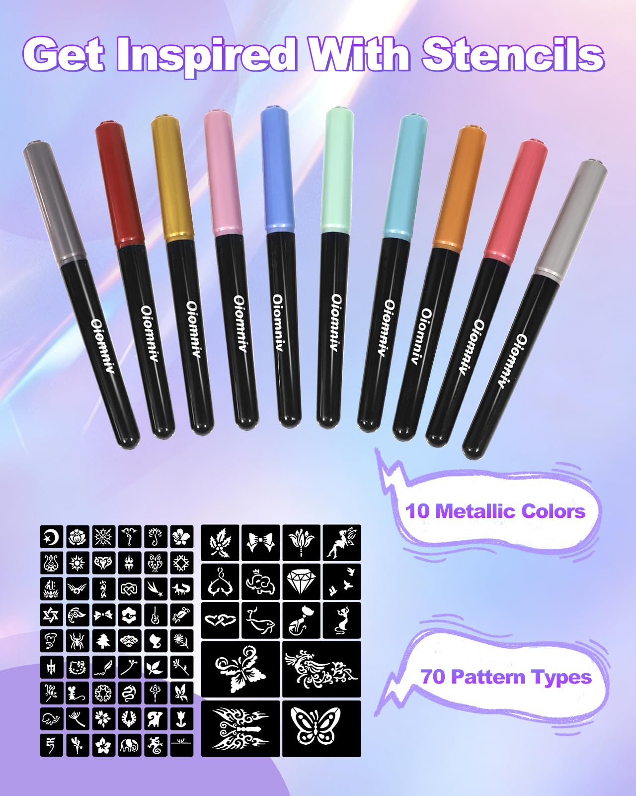 Oiomniv Temporary Tattoo Markers: Metallic Pens + 70 Stencils, Skin-Safe & Water-Resistant